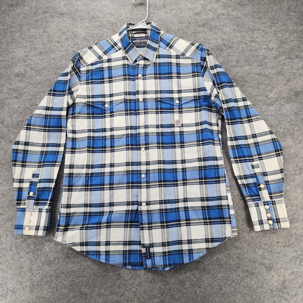 Panhandle Slim Rough Stock Shirt Mens Medium Pearl Snap Long Sleeve Blue Plaid